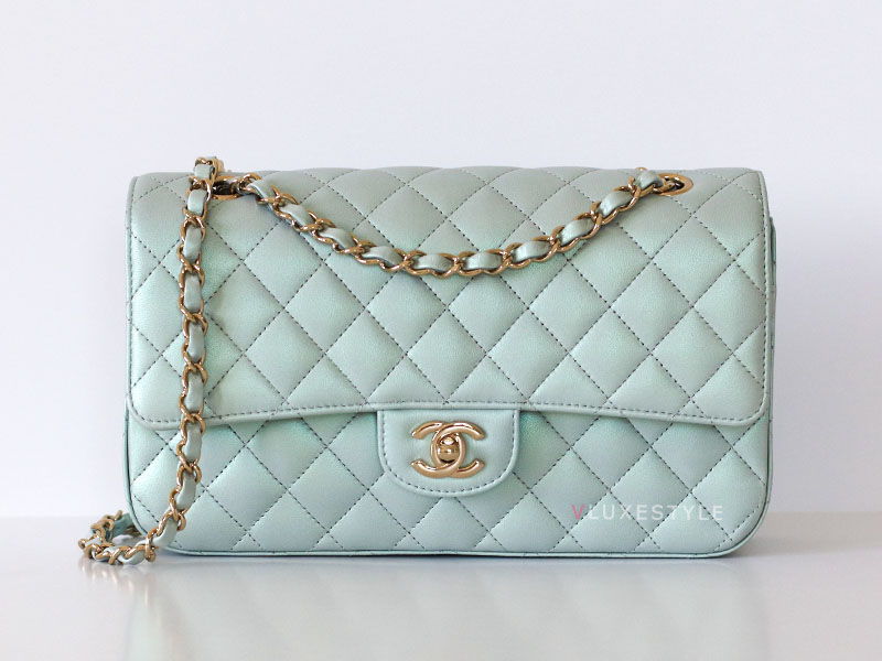 CHANEL Classic Medium Flap 19S Iridescent Blue Quilted Lambskin Light Gold Hardware