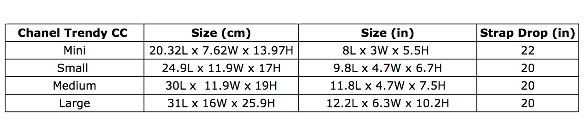 Chanel Trendy CC Sizes Measurements